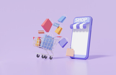 Canvas Print - Shop online buying concept on mobile app Shopping cart with shopping bag floating on purple pastel background, discount promotion sale, banner, buy, sell, website. 3d render illustration