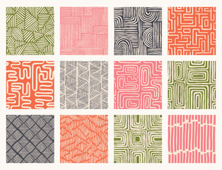 Set Aesthetic Contemporary printable seamless pattern with abstract line brush stroke shapes and line in nude colors. Pastel boho background in minimalist mid century style vector Illustration wall