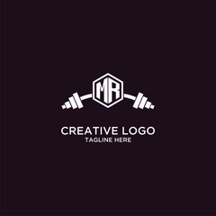 MR initial monogram for fitnes or gym logo with creative shield and barbell design