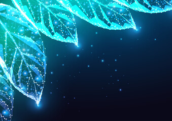 Wall Mural - futuristic green leaves concept banner with glowing low polygonal leaves and copy space on blue