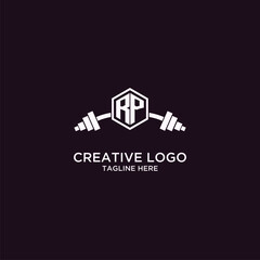 RP initial monogram for fitnes or gym logo with creative shield and barbell design