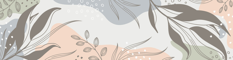 Wall Mural - botanical banner with organic shapes, leaves, plants. abstract natural elements in trendy doodle sty