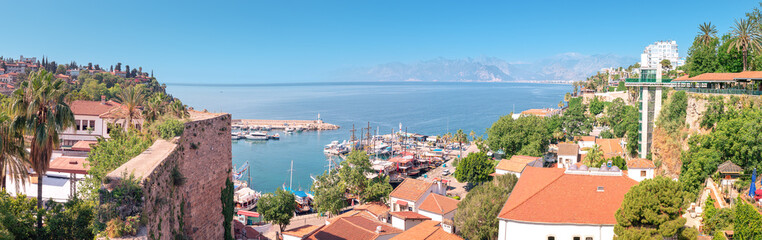 Poster - Aerial view of the picturesque bay with marina port with yachts near the old town of Kaleici in Antalya. Turkish Riviera and resort paradise