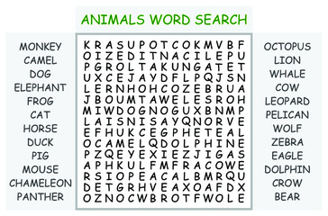 Animals word search puzzle vector