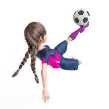 Soccer Girl Is Doing Acrobatics To Kick The Ball In White Background Rear View
