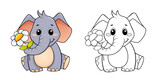 Fototapeta  - Cute cartoon elephant with flower. Color and black white vector illustration for coloring book