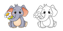 Cute Cartoon Elephant With Flower. Color And Black White Vector Illustration For Coloring Book