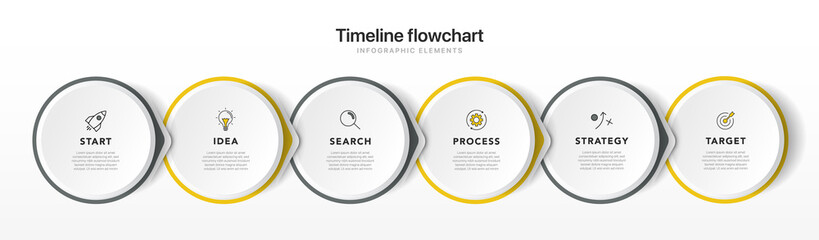 Timeline infographic design with 6 options or steps. Infographics for business concept. Can be used for presentations workflow layout, banner, process, diagram, flow chart, info graph, annual report.