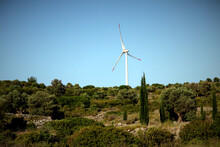 A Wind Turbine (windmill) Is Standing Lonely On A Hilltop In The Middle Of Aegean Vegetation. In The Foreground Also Olive Trees And Cypresses. Renewable Energies Now Also Exist In Turkey. Wind And Su