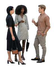 Group of elegant people at a social gathering standing and talking and drinking champagne, isolated on white background