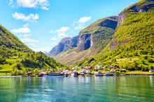 Small Village Undredal Near Flam, Aurlandsfjord, Part Of Sognefjord, Norway