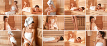 Collage with pretty young woman in sauna