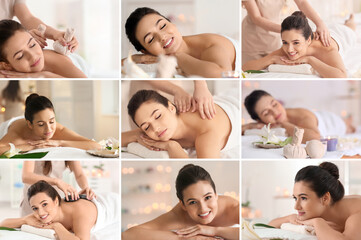 Sticker - Collage with beautiful young woman having massage in spa salon