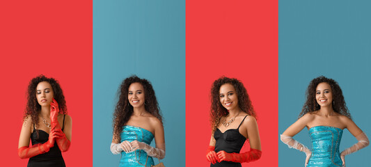 Set of beautiful African-American woman in fashionable clothes on colorful background