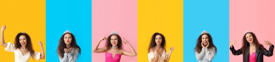 Poster - Set of beautiful African-American woman in stylish clothes and tiara on colorful background