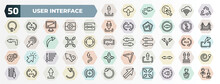 Set Of 50 Thin Line User Interface Icons. Outline Icons Such As Upload Button, Recycle, Gap, Curvy Road Warning, Expand Arrows, Crossroads, Sorting, Export Button, 1 Pete, Mouse Arrow Vector.
