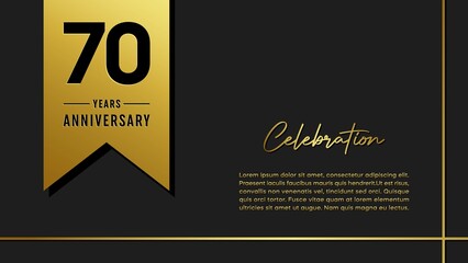 Wall Mural - 70 years anniversary logo with golden ribbon for booklet, leaflet, magazine, brochure poster, banner, web, invitation or greeting card. Vector illustrations.