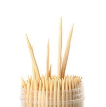 Box With Bamboo Toothpicks On White Background, Closeup