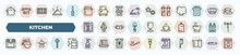 Set Of 40 Thin Line Kitchen Icons. Outline Icons Such As Cooking Pot, Jar, Spice Jar, Dishwasher, Tea Cup, Stove, Apron, Sauce, Coffee Maker, Recipe Vector.