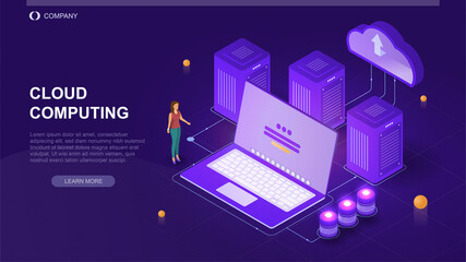 Cloud computing concept. Digital database for storing and transmitting information. Online server or technology for data management. Design element for landing. Cartoon isometric vector illustration