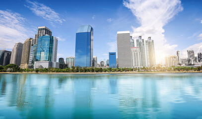 Poster - View of city landscape reflection on the river. selective focus