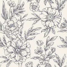 Vintage Floral Pattern Concept. Beautiful Seamless Pattern With Blossom Plants, Roses, Peonies And Branches. Design Element For Wallpaper, Textiles And Clothing. Cartoon Linear Vector Illustration