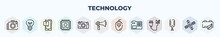 Thin Line Technology Icons Set. Outline Icons Such As Digital Photo Camera, Electric Light Bulb, Asking, Computer Microprocessor, Camera Front View, Modern Horn, Classroom Computer Mouse, , Vintage