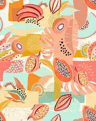 Wall Mural - pattern of a tropical artwork, with multicolored hand drawn fruits and leaves and funny patchwork background