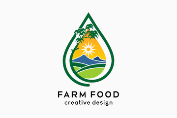 Wall Mural - Farm food logo, organic food source illustration. Rice, tree, mountain and sun icons in drops