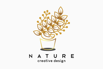 Wall Mural - Simple and elegant feminine logo for beauty business, plants and flower pots with hand drawn concept