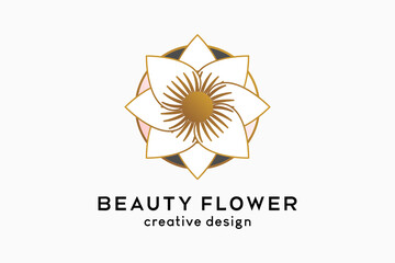 Wall Mural - Simple and elegant feminine logo for beauty business, flower icon with luxury line concept in dots