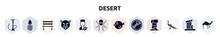 Desert Filled Icons Set. Glyph Icons Such As Hookah, Pine, Bench, Jaguar, Veterinarian, Octopus, Puffer Fish, No Cut, Peacock Icon.