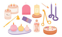 Vector Various Candles In Hand Drawn Style. Decorative Wax Candles For Home Interior, Relax And Spa. Matches, Candle Snuffer, Jar Candle - Hygge Home Decoration Icons Set.