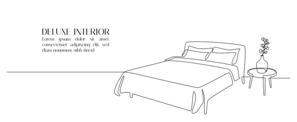 Aufkleber - Continuous one line drawing of double bed and table with potted plant. Scandinavian stylish furniture for cozy sleeping bedroom in simple linear style. Editable stroke. Doodle vector illustration