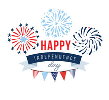 Happy Independence Day, 4th July National Holiday. Greeting Card, Invitation. Hand Drawn Fireworks, Party Bunting Flags. USA Colors. Vector Illustration Background, Web Banner. Memorial, Labor Day.