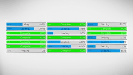 Download or processing multiple data files from the Internet with progress bars in three columns on a computer screen