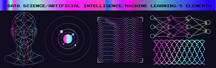 Aufkleber - Set of images in sci-fi futuristic style. Concept illustrations for neural network and artificial intelligence subjects.