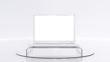 Laptop Mock-Up Minimal Concept. White Laptop On Stand Isolated On White Background. 3D Render.