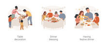 Family Gathering Isolated Cartoon Vector Illustration Set. Family Decorate Table For Thanksgiving Day Celebration, Festive Dinner Blessing, Holding Hands And Praying At The Table Vector Cartoon.