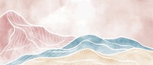 Creative Minimalist Modern Paint And Line Art Print. Abstract Ocean Wave And Mountain Contemporary Aesthetic Backgrounds Landscapes. With Sea, Skyline, Wave. Vector Illustrations