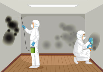 Canvas Print - man in protective hazmat suit cleaning mold on the wall