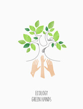 Environmentally Friendly Planet Concept. Eco With Green Tree, Hands For Saving Environment, Save Clean Green Planet, Ecology Concept. Card For World Earth Day. "Earth Day, 22 April" Vector Design