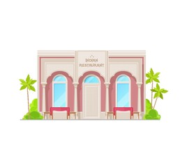 Canvas Print - Indian cuisine restaurant vector building icon of street cafe, vegetarian bistro or bar exterior with terrace tables and chairs, white pillars and green palm trees. Commercial real estate industry