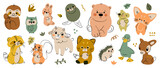 Fototapeta Pokój dzieciecy - Set of cute animal vector. Friendly wild life with bear, sloth, deer, red panda, squirrel, duck in doodle pattern. Adorable funny animal and many characters hand drawn collection on white background.