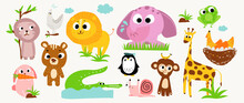 Set Of Abstract Animal Vector. Lovely And Friendly Wild Life With Penguin, Frog, Duck, Rabbit In Doodle Pattern. Adorable Funny Animal And Many Characters Hand Drawn Collection On White Background.