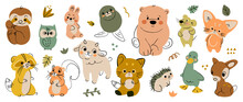 Set Of Cute Animal Vector. Friendly Wild Life With Bear, Sloth, Deer, Red Panda, Squirrel, Duck In Doodle Pattern. Adorable Funny Animal And Many Characters Hand Drawn Collection On White Background.