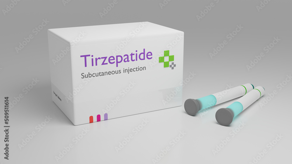 tirzepatide in stock Tirzepatide for Type 2 diabetes, kit concept medical illustration, showing  injection devices and the new drug Stock Illustration
