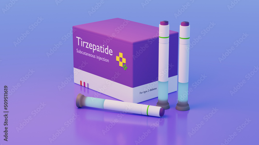 Tirzepatide for Type 2 diabetes, kit concept medical illustration, showing  injection devices and the new drug Stock Illustration