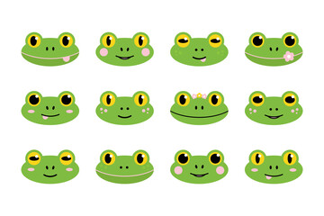 Wall Mural - Frog icons. Big set, collection of cute cartoon style green frog characters faces, emoji.
