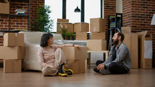 Husband And Wife Moving In Together And Showing Disapproval About Loan Investment. Misunderstanding And Argument About Decorations And Mortgage Payment, New Beginnings In Rented Property.